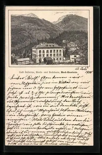 Lithographie Bad-Gastein, Cafe Bellevue, Mieth- und Badehaus