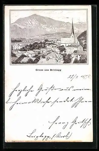 Lithographie Brixlegg, Teilansicht mit Kirche, Blick ins Land