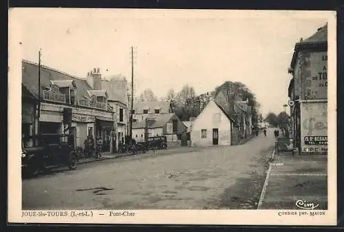 AK Joué-lès-Tours, Pont-Cher avec des bâtiments et une voiture ancienne