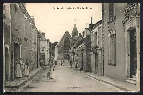 AK Monnaie, Rue de l`Eglise avec habitants et église en arrière-plan