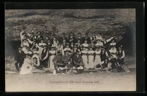 AK Schönegg, Schuhplattlerzunft Hütt`n-Buam 1908, Gruppenfoto