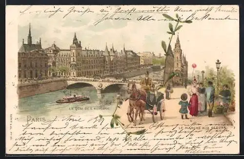 Lithographie Paris, Le Quai de L`Horloge - Le Marchè aux Fleurs