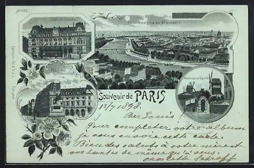 Mondschein-Lithographie Paris, Gare St. Lazare, Place des Victoires, Moulin de la Galette, Panorama