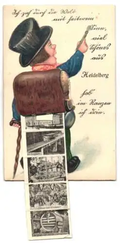 Leporello-AK Heidelberg, Rucksack mit Ansichten von Restaurant zum Königsstuhl, Universität, Schloss, Bergbahn