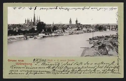 AK Würzburg, Mainufer von der neuen Brücke auf den Ort