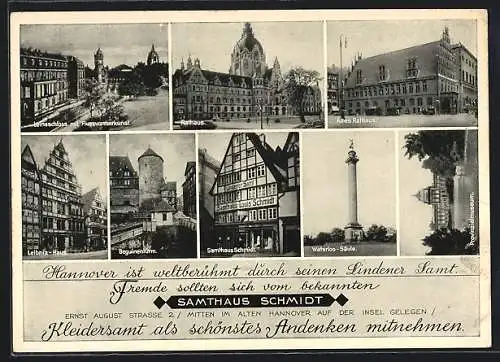 AK Hannover, Rathaus, Leineschloss, Leibniz-Haus, Samthaus Schmidt