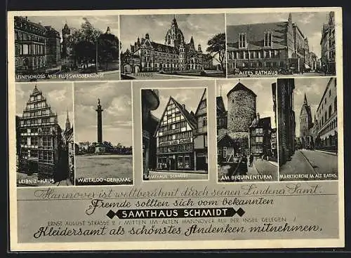 AK Hannover, Samthaus Schmidt, Ernst August Strasse 2, Leibniz-Haus, Waterloo-Denkmal