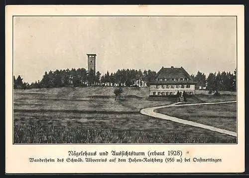 AK Onstmettingen, Nägelehaus und Aussichtsturm, Baustein-Karte 50 Pfennig, Schwäbischer Albverein