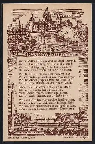 Künstler-AK Hannover, Neues Rathaus mit Cafe Kröpcke und Herrenhäuser Allee, Maschsee-Strand