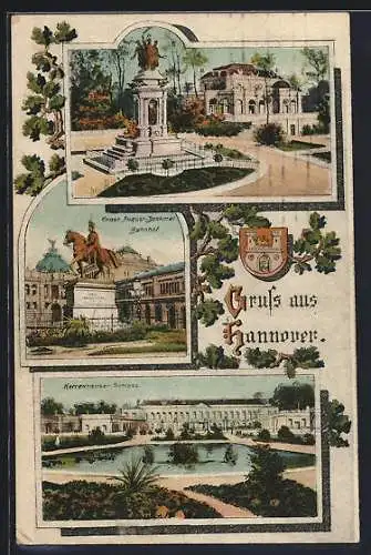 AK Hannover, Herrenhauser Schloss, Ernst August-Denkmal und Bahnhof, Ortspartie