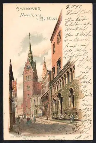 Lithographie Hannover, Marktkirche und Rathaus