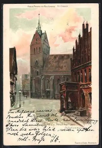 Lithographie Hannover, Altes Rathaus und Marktkirche