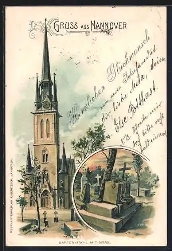 Lithographie Hannover, Gartenkirche mit Grab