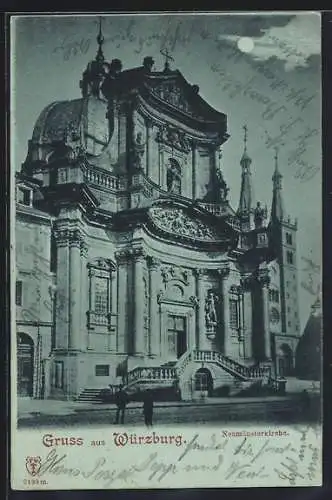 Mondschein-AK Würzburg, Blick auf die Neumünsterkirche