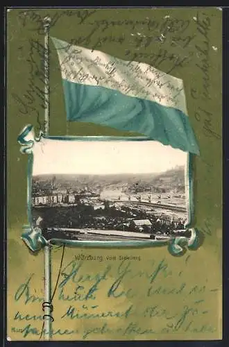 Lithographie Würzburg, Panoramablick vom Steinberg, Passepartout mit Flagge in bayrischen Farben