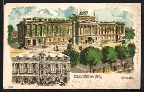 Lithographie Braunschweig, Hotel Preussischer Hof, Schloss mit Strasse