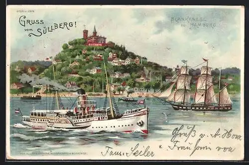 Lithographie Hamburg-Blankenese, Süllberg, Rad-Dampfer, Segelschiff, Mond, um 1900