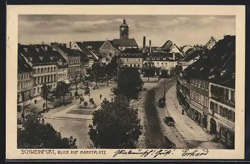 AK Schweinfurt, Marktplatz mit Denkmal und Geschäften