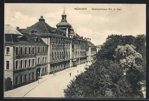 AK München-Au, Krankenhaus lks. d. Isar aus der Vogelschau