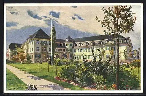 Künstler-Lithographie München-Neuhausen, Teilansicht Heilanstalt in der Hubertusstrasse