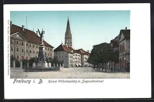 Goldfenster-AK Freiburg / Breisgau, Strasse am Kaiser-Wilhelmplatz mit Siegesdenkmal