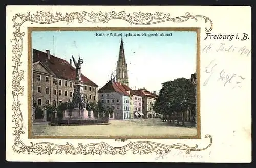 AK Freiburg i. B., Kaiser Wilhelmsplatz mit Siegesdenkmal, Passepartout