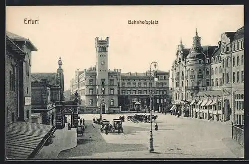 AK Erfurt, Bahnhofsplatz mit Droschken aus der Vogelschau