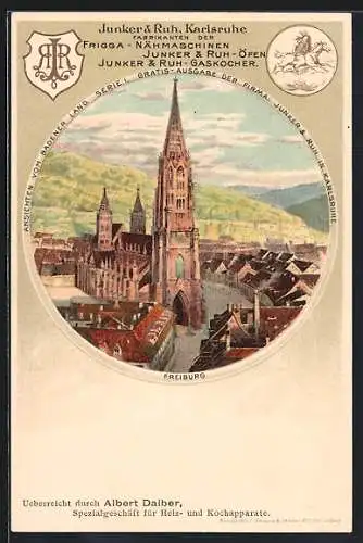 Lithographie Freiburg / Breisgau, Teilansicht mit Kirche