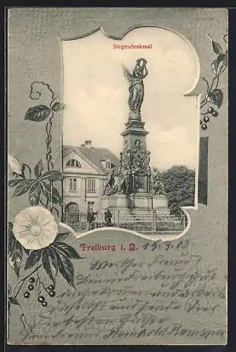 AK Freiburg / Breisgau, Siegesdenkmal, Rahmen mit Blumen