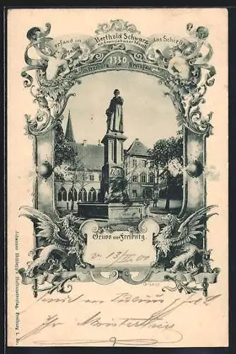 AK Freiburg / Breisgau, Denkmal für Berthold Schwarz in aufwendiger Umrahmung