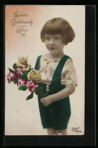 Foto-AK Lepo Nr. 1890 /3: Kleiner Junge mit Rosen, Geburtstagsgruss