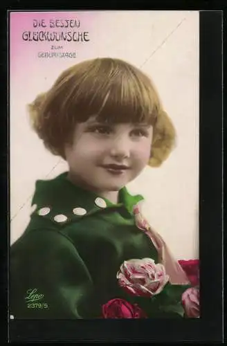 Foto-AK Lepo Nr. 2379 /5: Hübsches Kind mit Rosen, Geburtstagsgruss