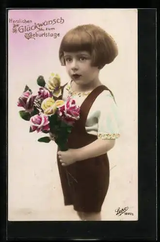 Foto-AK Lepo Nr. 1890 /2: Kleiner Junge mit Rosen, Geburtstagsgruss