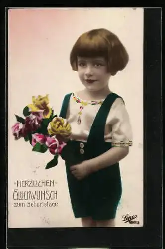 Foto-AK Lepo Nr. 1890 /3: Kleiner Junge mit Rosen, Geburtstagsgruss, Geburtstagsgruss