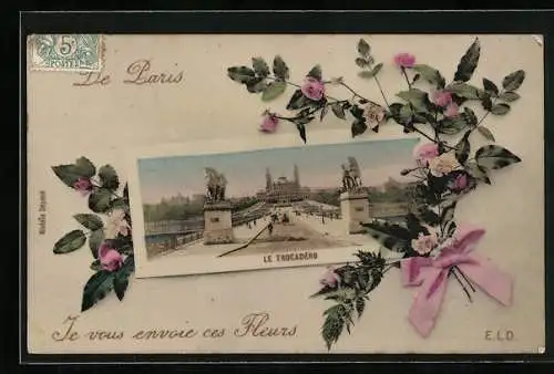 AK Paris, Palais du Trocadéro, vue del puente, mit Blumen und Schleife