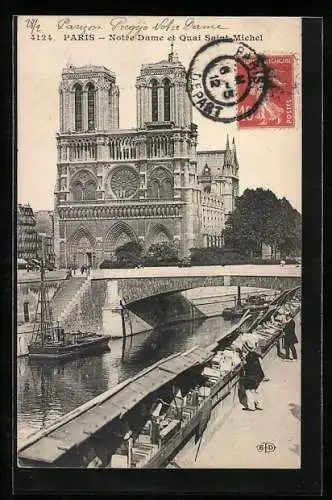 AK Paris, Cathédrale Notre-Dame et Quai Saint-Michel