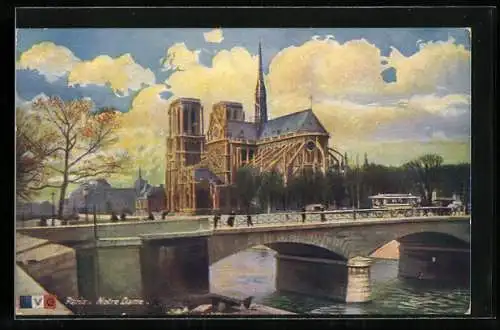 Künstler-AK Paris, Cathédrale Notre-Dame, Strassenbahn