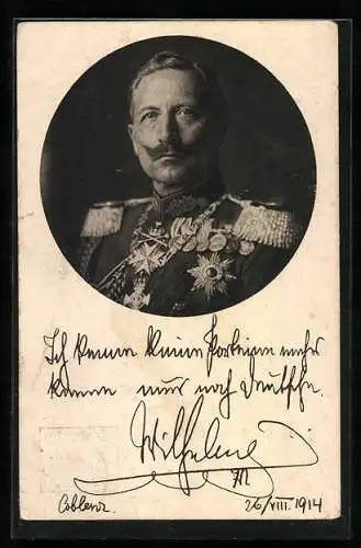 AK Porträt Kaiser Wilhelm II. in Uniform mit Pour le Merite