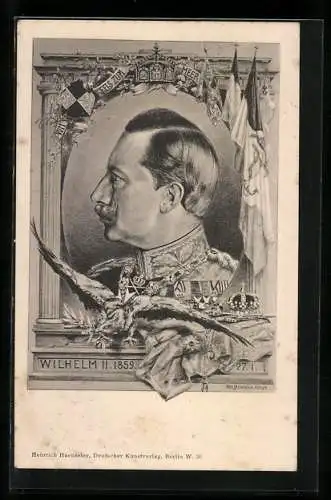 AK Kaiser Wilhelm II. in Uniform mit Fahnen, 1859