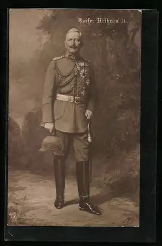 Künstler-AK Kaiser Wilhelm II. mit Uniform und Pickelhaube in der Hand