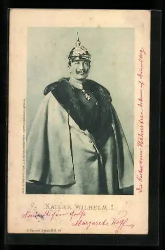 AK Kaiser Wilhelm II., in Mantel und Pickelhaube