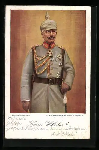 Künstler-AK Kaiser Wilhelm II. in Uniform mit Orden und Pickelhelm