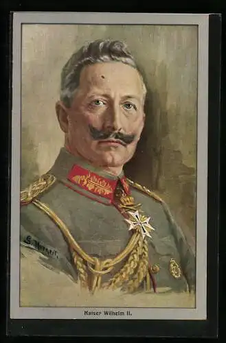 Künstler-AK Kaiser Wilhelm II. in Uniform mit seinem ikonischen Schnurrbart und stoischem Blick