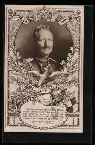 AK Kaiser Wilhelm II. im Portrait, Vom Fels zum Meer! Gott mit uns. Wappen und Fahne