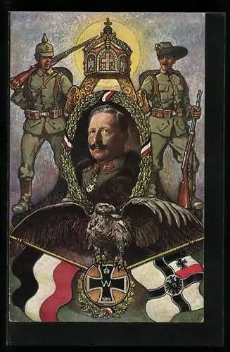 Künstler-AK Deutsche Kolonie, Kaiser Wilhelm II. in Uniform, Portrait, Soldaten, Krone, Adler, Fahnen, Eisernes Kreuz