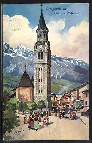 Künstler-AK Hans Treiber: Cortina d`Ampezzo, Ortspartie mit Kirche