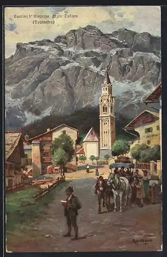 Künstler-AK Rudolf Alfred Höger: Cortina d`Ampezzo, Ortspartie mit Pferdekutsche