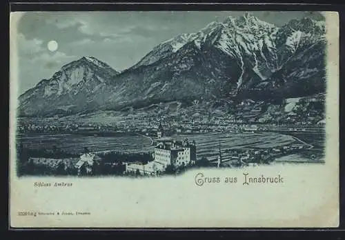 Mondschein-AK Innsbruck, Schloss Ambras mit Bergpanorama