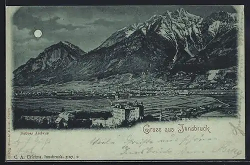 Mondschein-AK Innsbruck, Blick auf Schloss Ambras