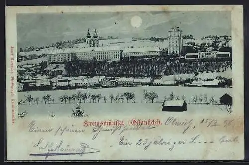 Mondschein-AK Kremsmünster, Ostansicht mit Stift im Winter